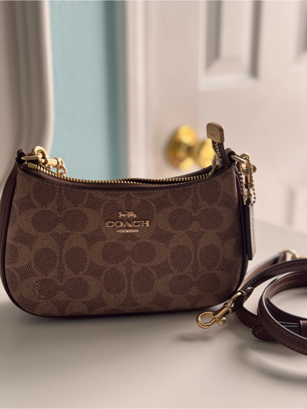 Coach Brown Signature Mini Crossbody with Gold Hardware